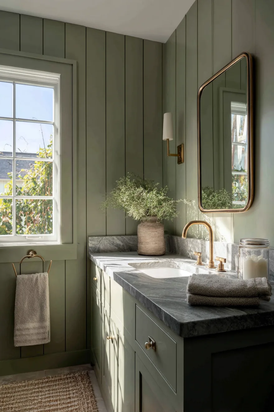 Deep sage green board-and-batten bathroom walls with a honed soapstone countertop vanity, unlacquered brass faucet and towel ring, and folded sage linen towels in a bright farmhouse bathroom.