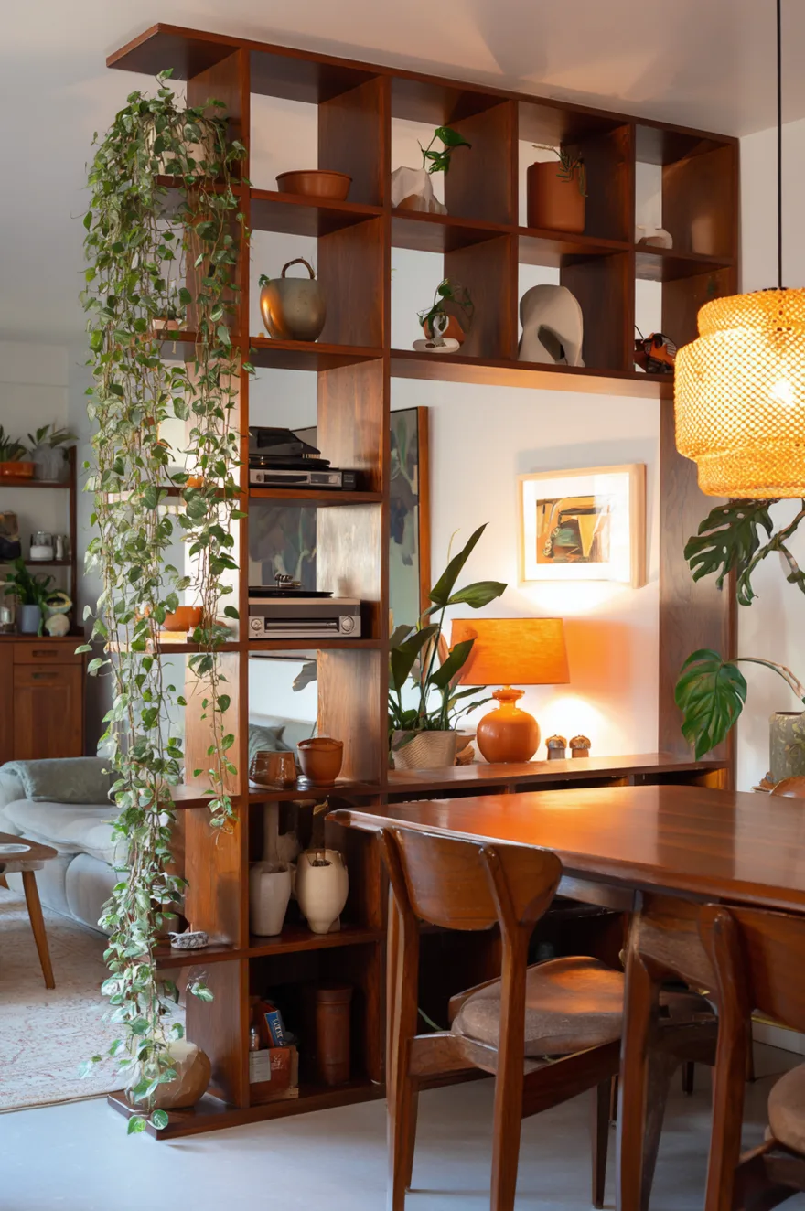 Teak-finish mid-century modern open-back room divider shelving unit holding a record player, earthy ceramics, and a trailing plant with warm amber lamp glow in an open-plan living and dining room.