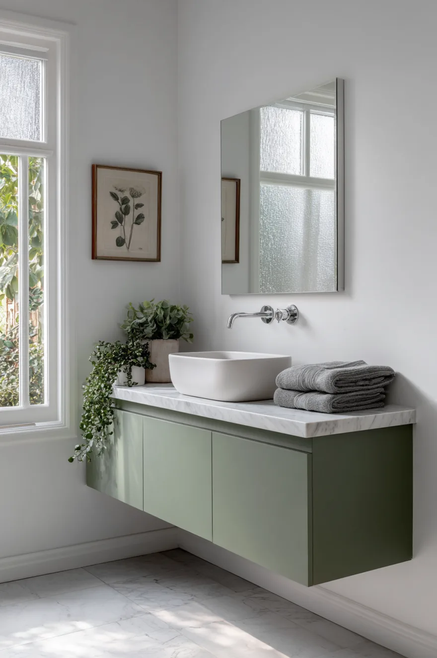 Floating matte sage green vanity with a honed marble-look quartz countertop, vessel sink, brushed nickel faucet, and bright natural light in a calm powder room.
