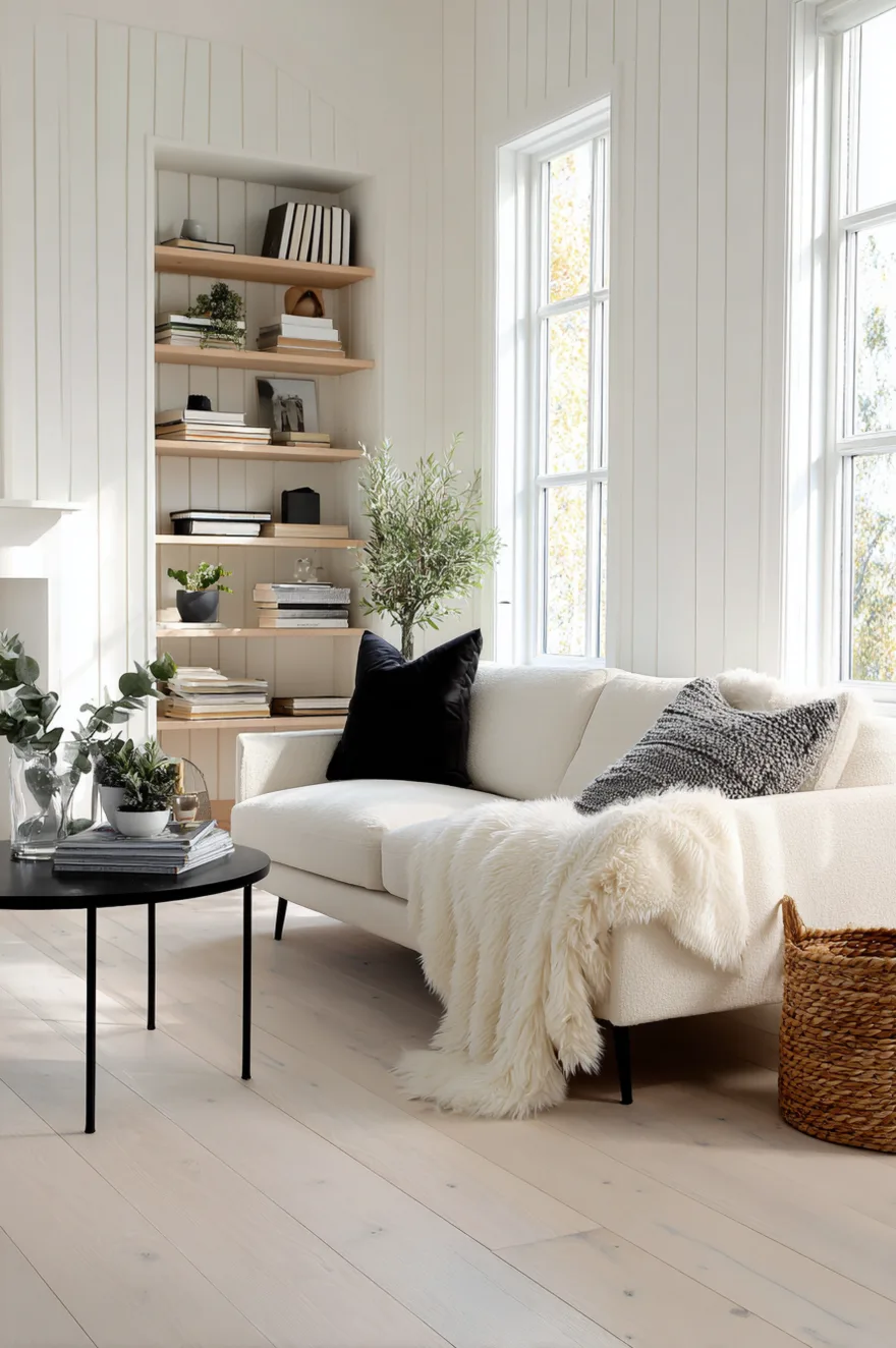 Scandinavian minimalist living room with white shiplap walls, birch open shelving styled with plants and books, low sofa with black steel legs, and a sheepskin throw on the arm.