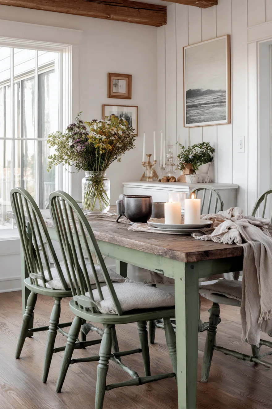 Four mismatched spindle-back chairs painted sage green with linen seat cushions around a farmhouse wood table against white shiplap walls.