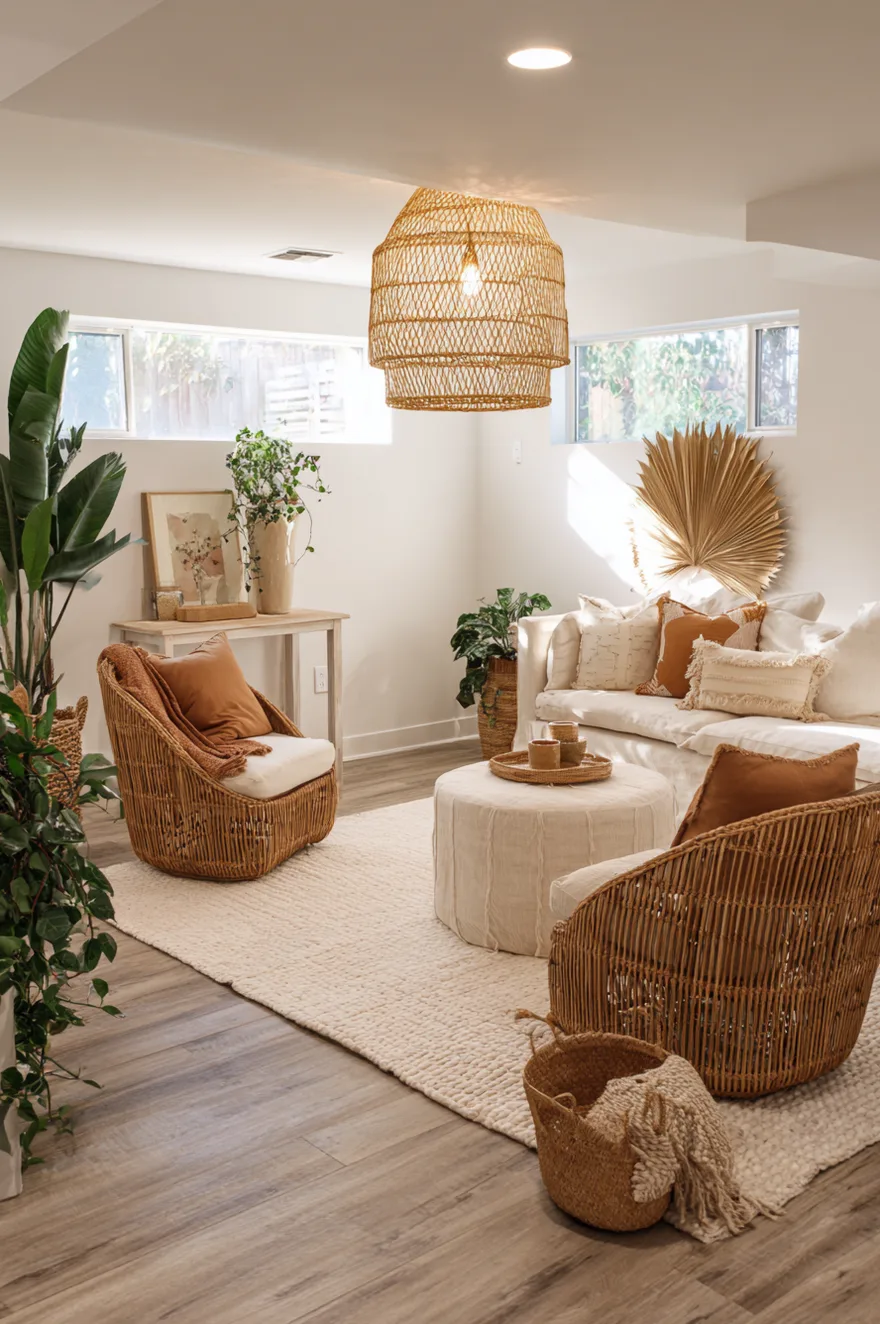 Basement living room with rattan pendant light, two woven rattan accent chairs, warm-toned plank vinyl flooring, and a trailing pothos on a side table.