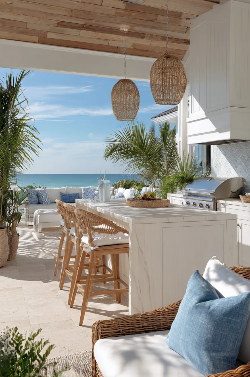 Bright coastal outdoor kitchen with crisp white weatherproof cabinets, light limestone countertops, a built-in stainless grill, a subtle blue tile backsplash, and potted palm plants.