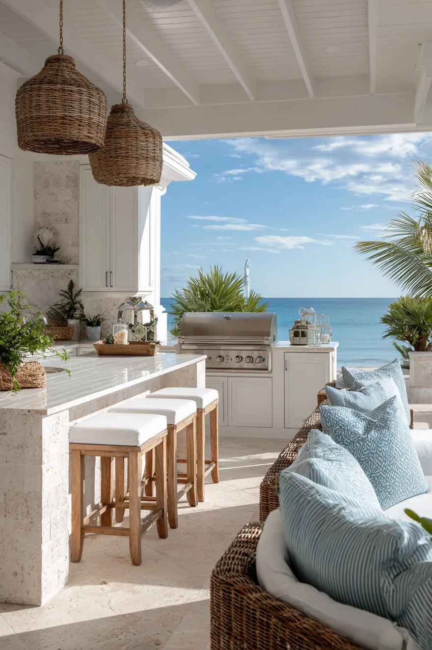 Outdoor kitchen featuring white louvered cabinets, light grey stone countertops, warm woven rattan pendant lights, and natural teak wood details next to a swimming pool.