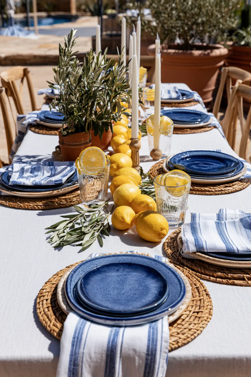 White table runner with a large bowl of fresh yellow lemons, cobalt blue glassware, white plates, and rosemary sprigs tied to striped linen napkins.