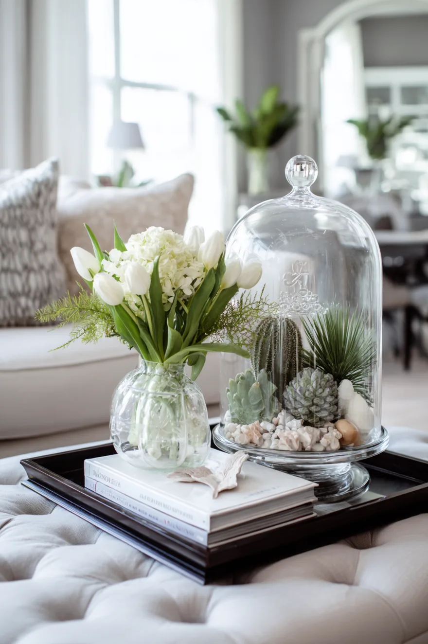 Glass cloche covering a mini cactus and succulent garden paired with a vase of white tulips on an ottoman coffee table.