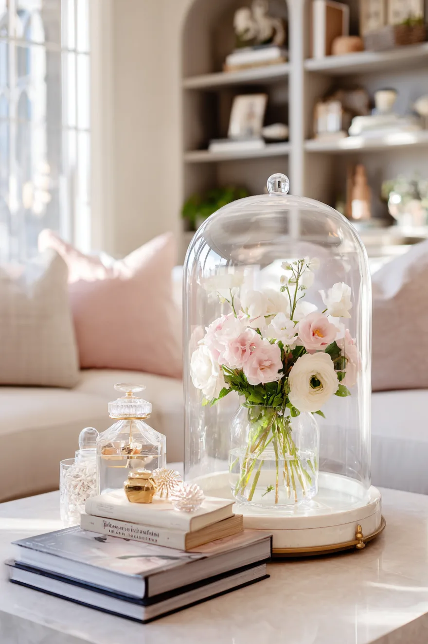 Glass cloche dome covering a small vase of light pink and white spring flowers on a marble tray.