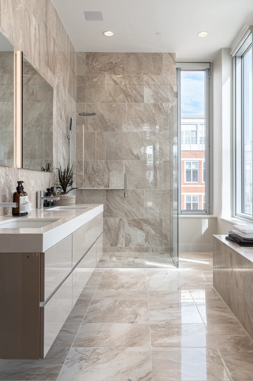 A spacious modern bathroom with a floating glossy beige vanity and a glass shower enclosure surrounded by large format glossy beige marble look porcelain tiles on the walls and floor.