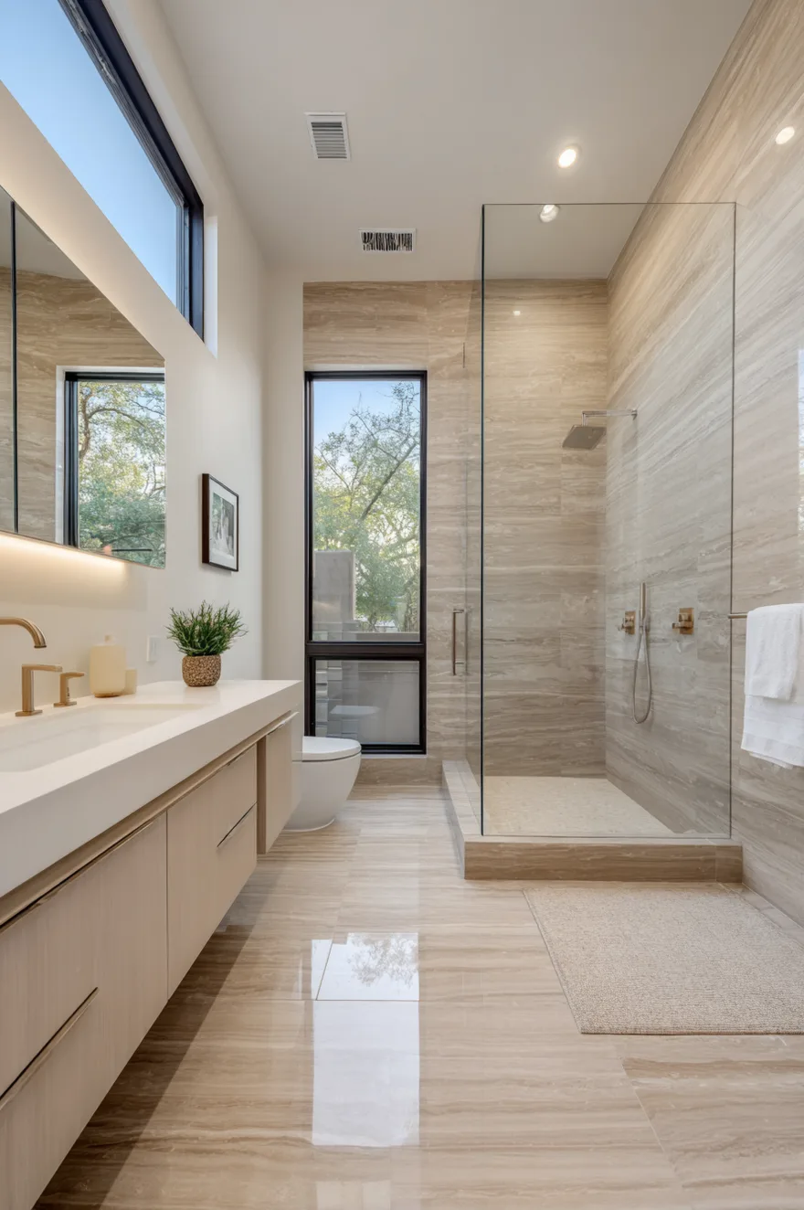 A contemporary bathroom featuring a floating light wood vanity and a large walk in shower enclosed by glass with walls and floors covered in large rectangular beige stone look tiles.