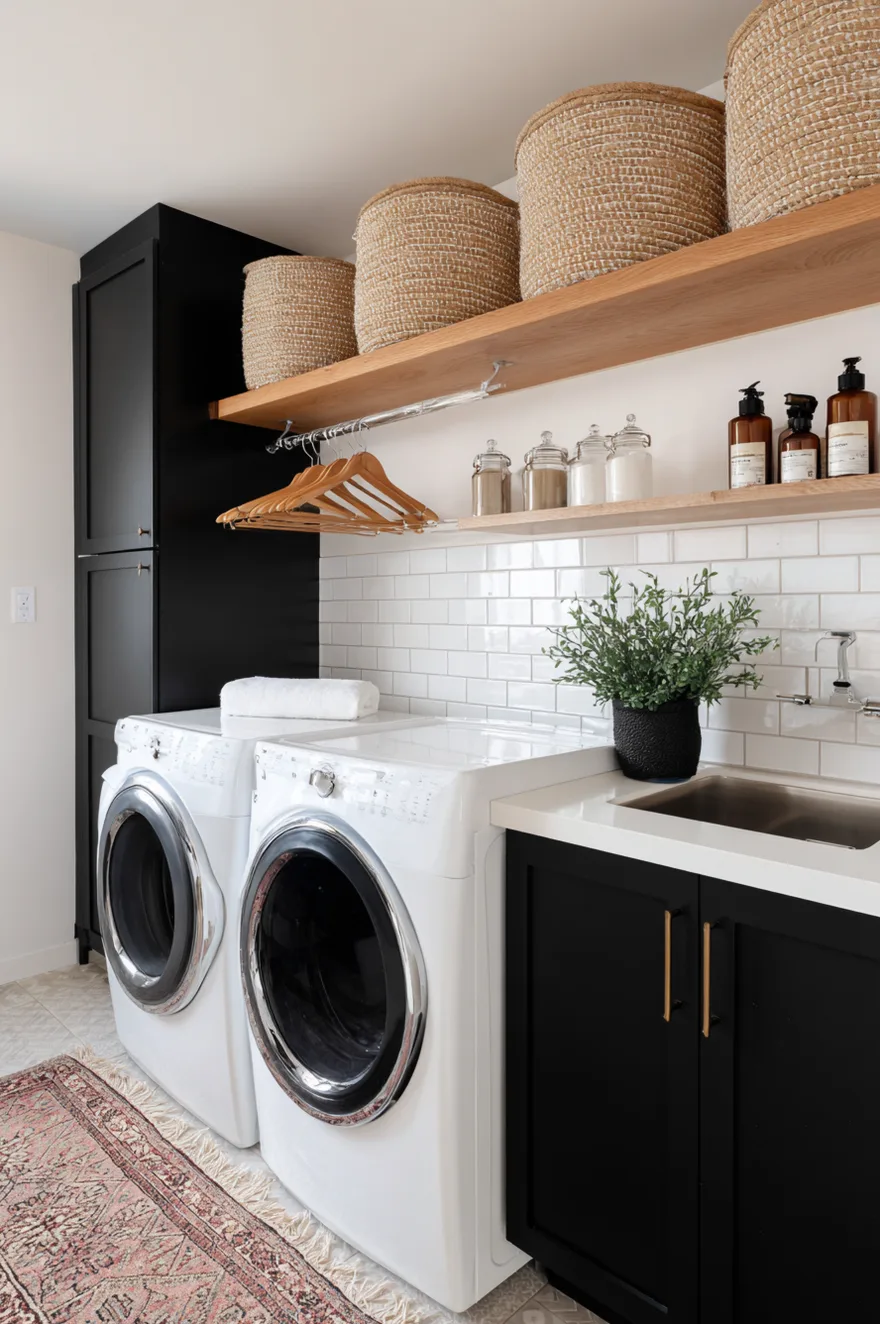 Modern laundry room with matte black lower cabinets, white subway tile backsplash, and brass hardware.