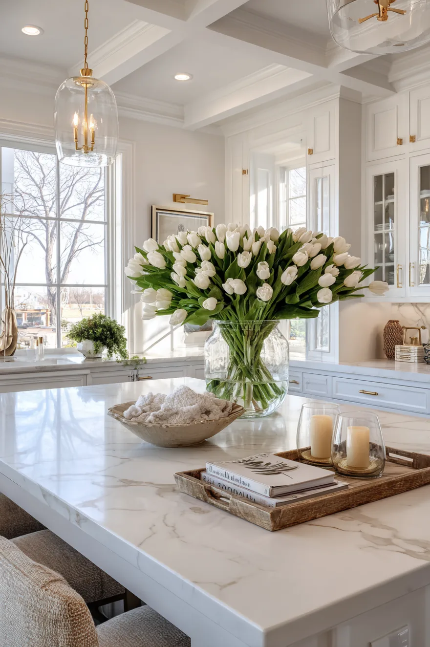 White marble island countertop featuring a massive clear glass vase filled with a huge, dense bundle of fresh white tulips next to a shallow wooden tray with candles.