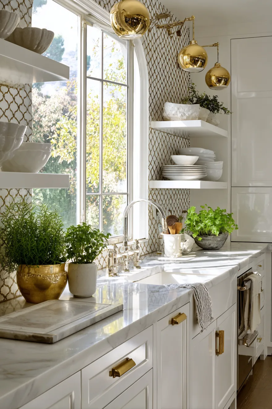 White kitchen with marble countertops and open shelves, featuring polished gold cup cabinet pulls, gold spherical pendant light fixtures, and green potted herbs.