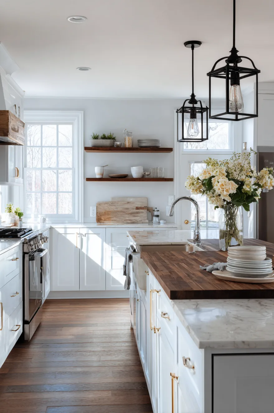 Two vintage-style black metal lantern pendant lights hanging over a wood butcher block kitchen island, with white cabinetry, a stainless steel range, and a large clear vase of white flowers.