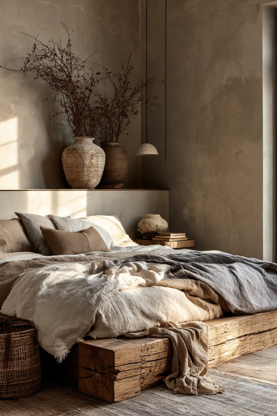 Textured beige plaster walls in a bedroom featuring a low rustic block-wood bed frame, wrinkled earth-toned linen sheets, old handmade ceramic vases holding dried branches, and a low-hanging concrete pendant light.