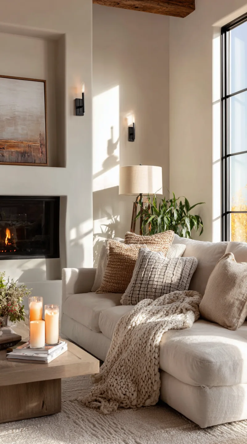 Pair of modern black wall sconces installed on either side of artwork in a minimalist living room.