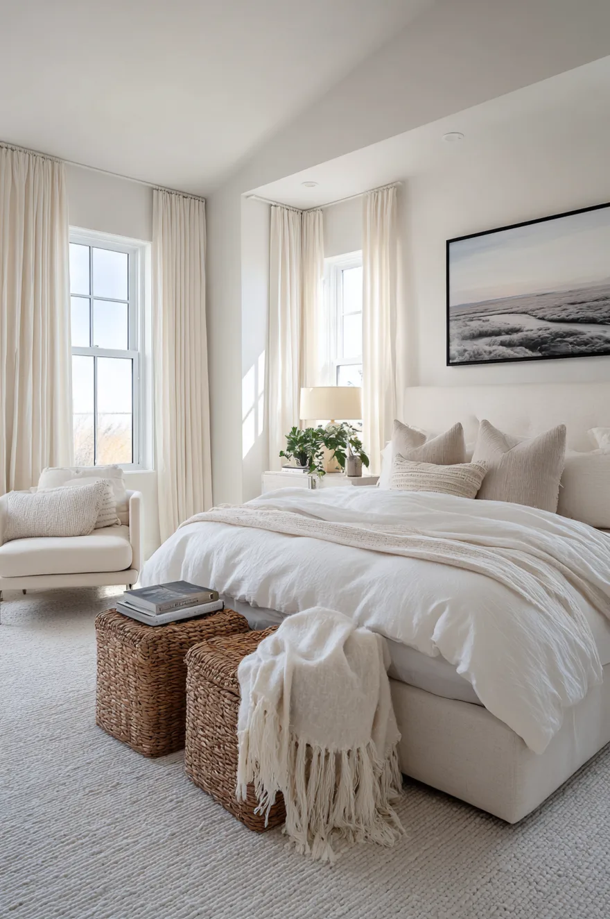 A bright all white bedroom setup featuring a plush white bed, two woven wicker storage ottomans at the foot of the bed, and a large black and white framed landscape photograph.