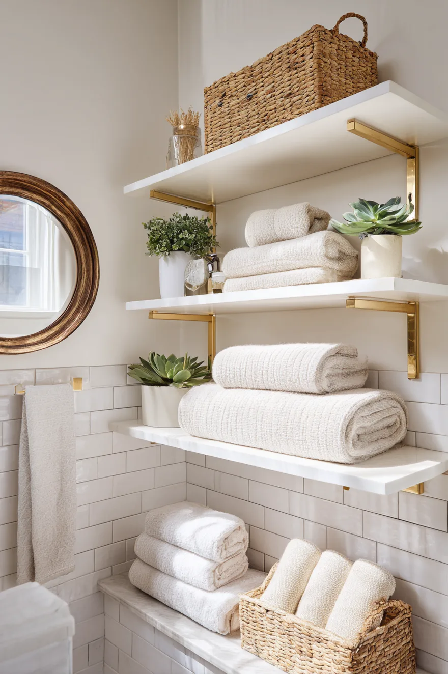 Two wooden floating shelves supported by brass brackets mounted above a white toilet, holding stacked towels and a small potted plant.