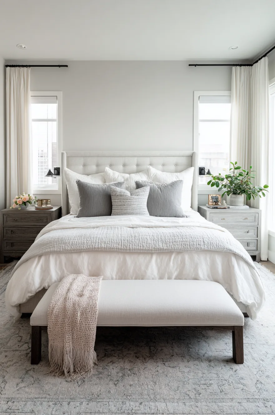 Functional bedroom ideas for couples with individual wall-mounted reading lights and blackout curtains for different sleep schedules.