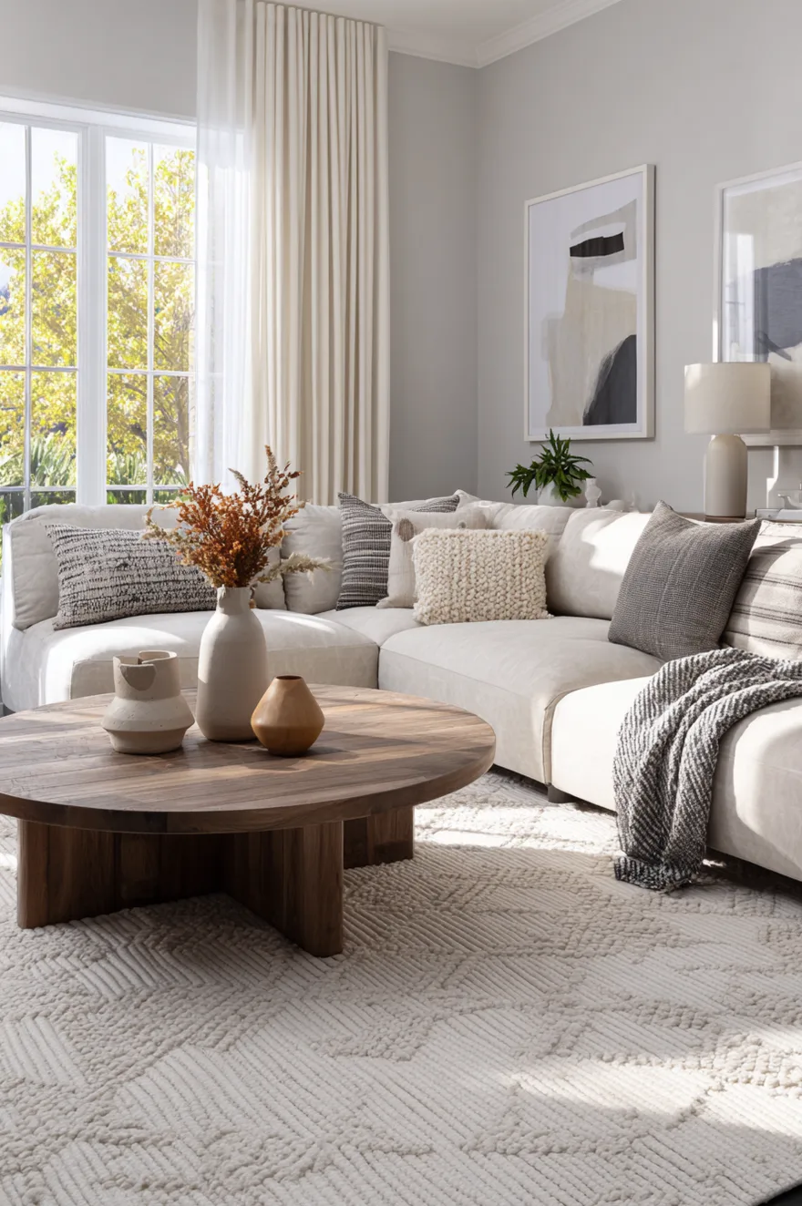 A bright living room with a white sofa and a round wooden coffee table sitting on a cream colored carpet featuring a subtle raised geometric diamond pattern.