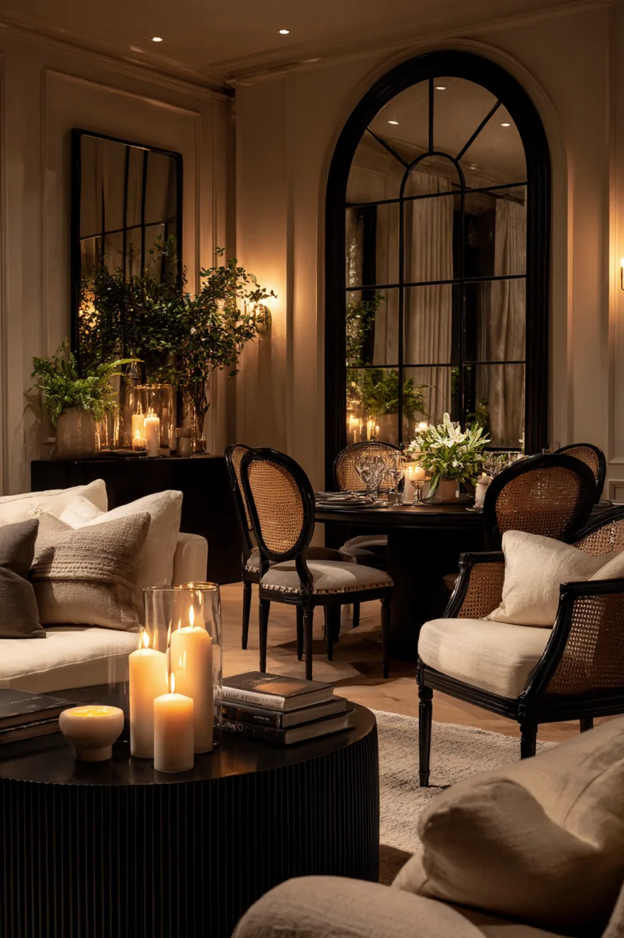 A cozy evening living room scene with a black coffee table styled with multiple lit pillar candles, creating a warm glow against a beige sofa.