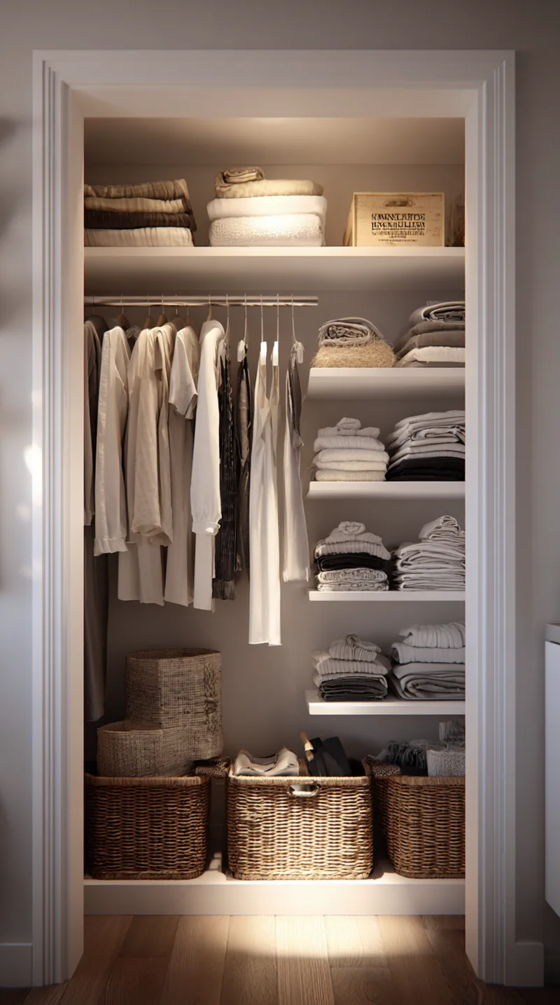 Organized small reach-in closet with white shelves, hanging rods, and woven storage baskets.