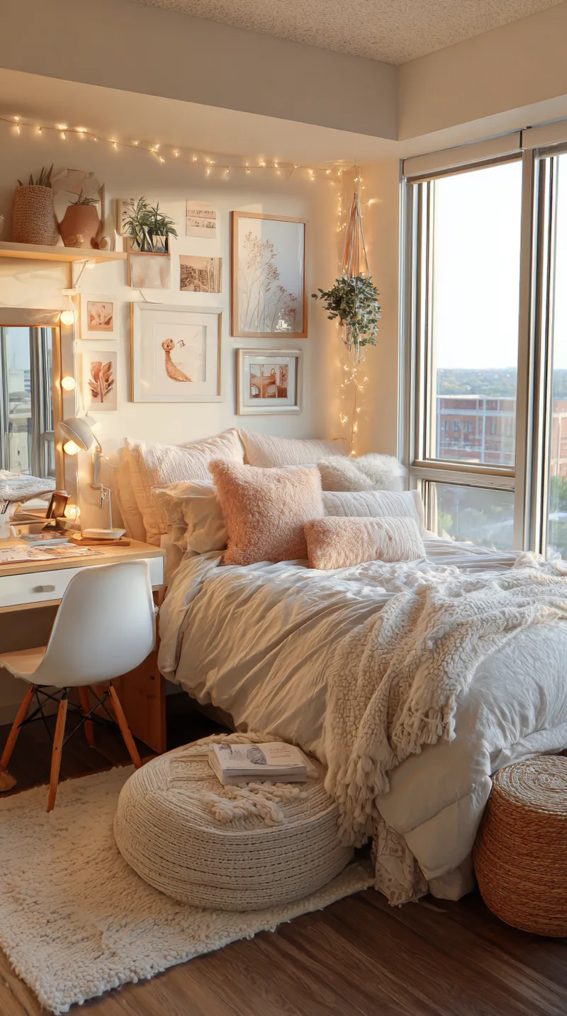 Personalized teen girl bedroom with a vanity mirror, personal photos on the wall, and unique vintage decor items.