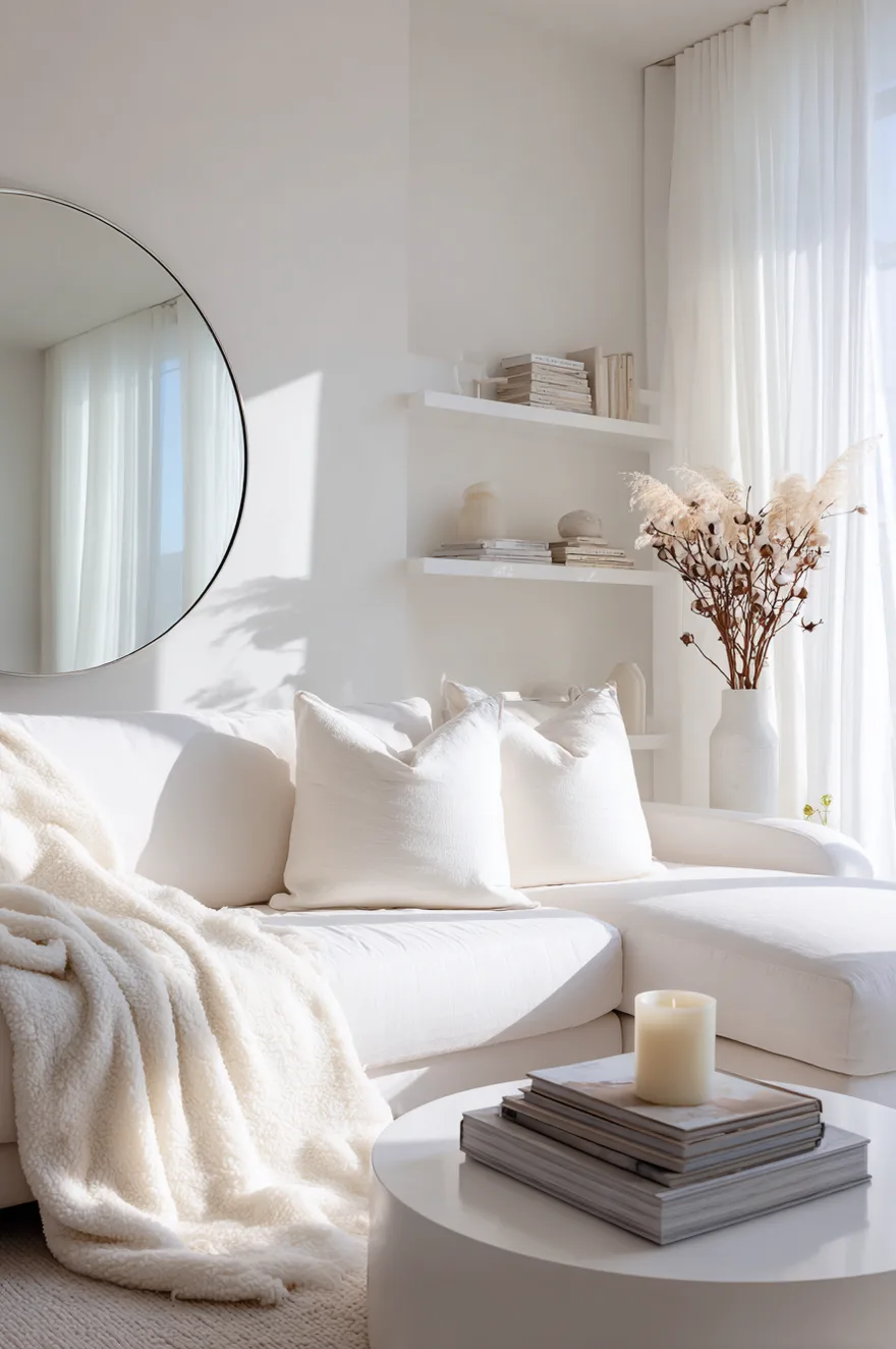 Minimalist white living room with a sculptural sofa and clutter-free coffee table styling.