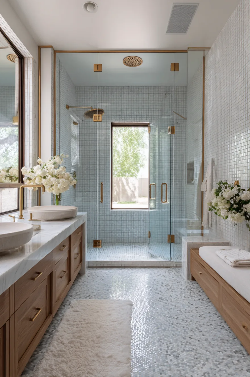 Spacious glass enclosed walk in shower covered in pale blue mosaic tiles with dual gold shower heads, located near a warm wood double vanity and a white cushioned bench.