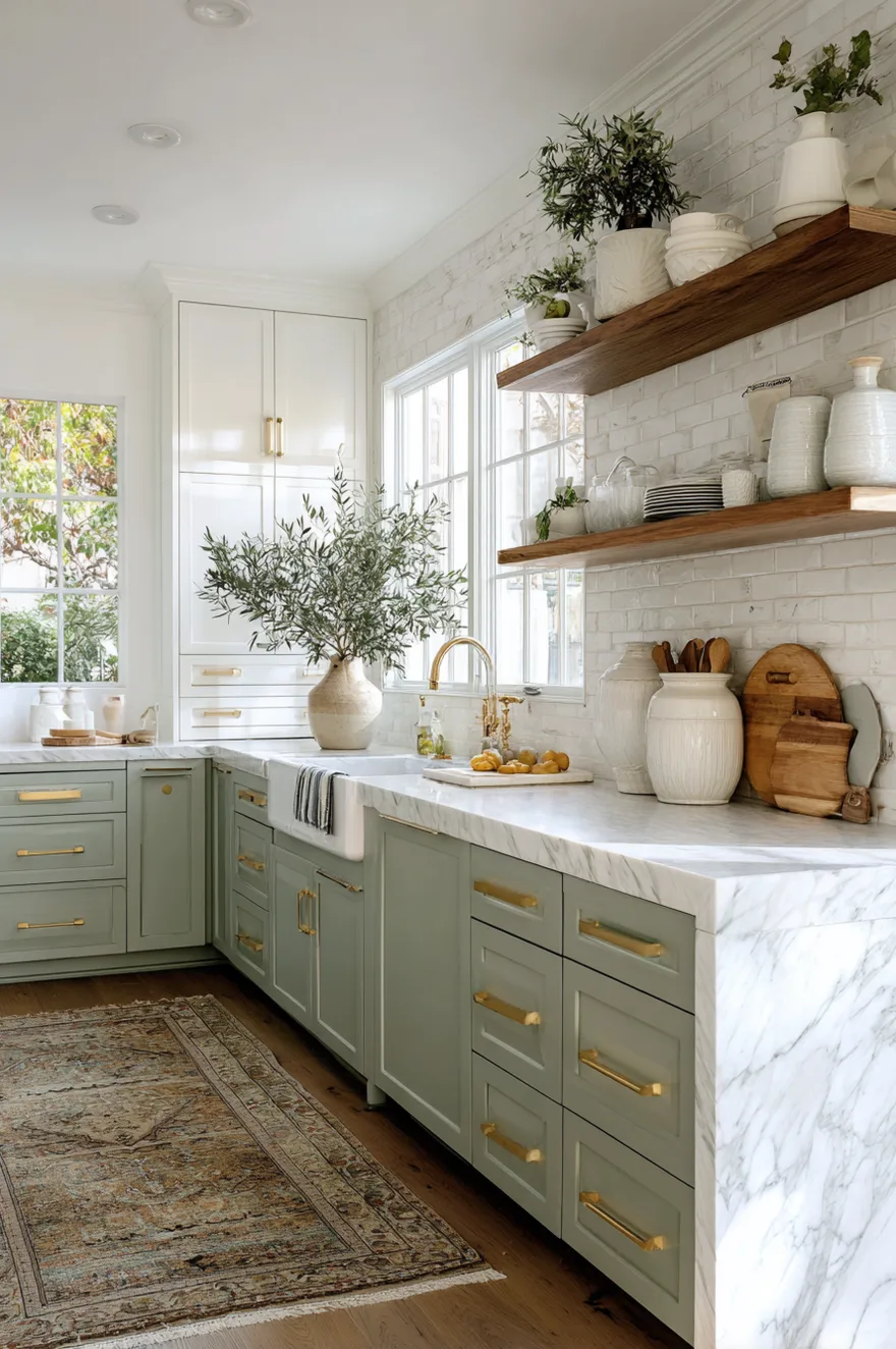 Sage green shaker style lower kitchen cabinets with gold pulls, a white marble countertop, a white subway tile backsplash, and open wood shelving displaying white ceramics.