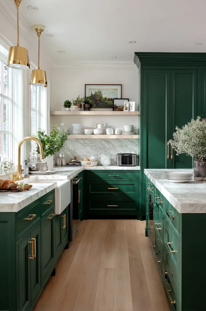Dark forest green kitchen cabinets paired with warm white walls and butcher block countertops.