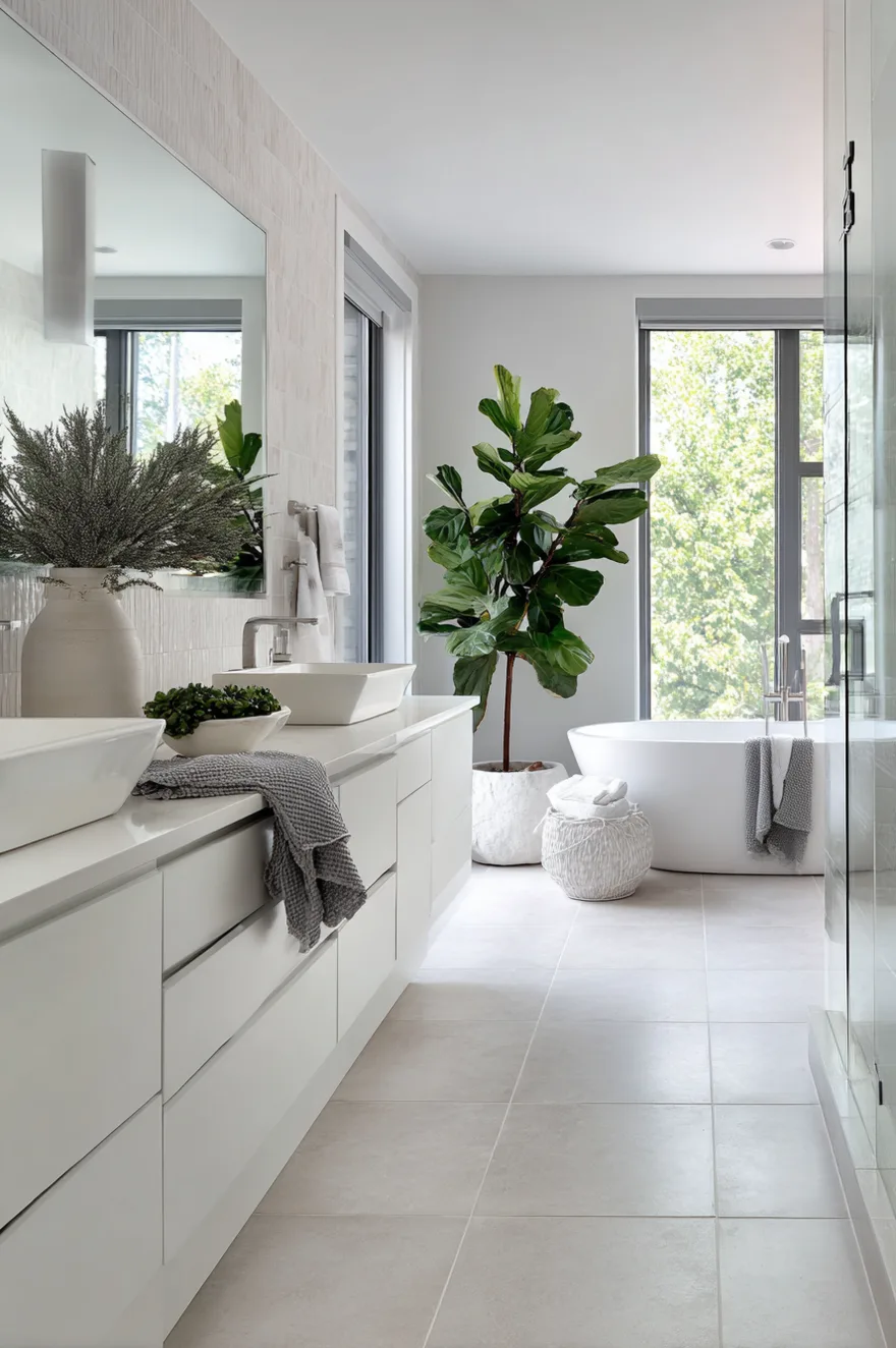 Oversized light grey porcelain floor tiles in a modern bathroom with a sleek white floating double vanity, a freestanding oval tub, and a tall fiddle leaf fig plant next to large black-framed windows.