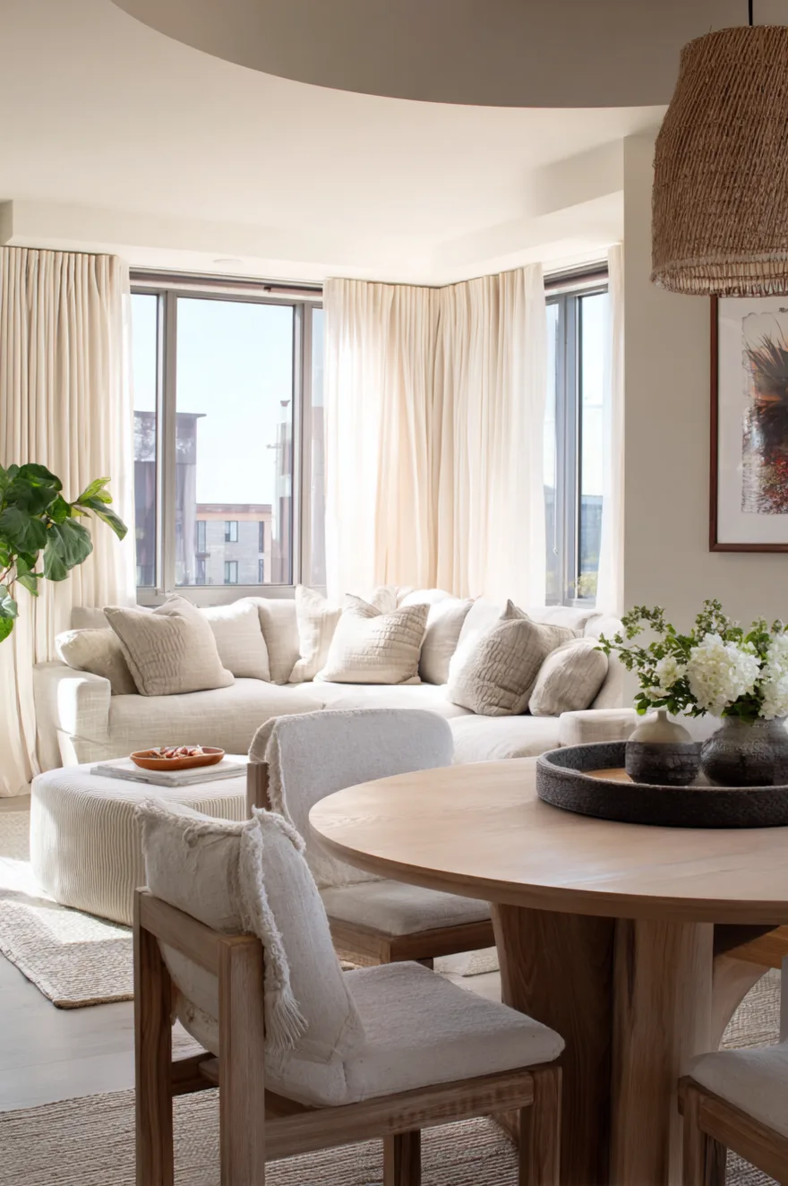 A bright condo space featuring a curved window wall with a light beige sectional sofa, alongside a round light wood dining table surrounded by white upholstered chairs.
