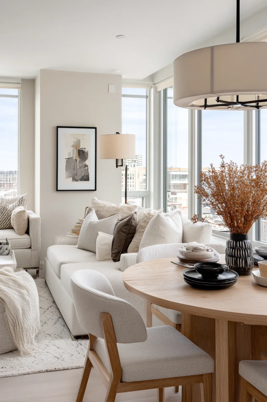 A high rise condo living area with large windows showing city views, featuring a light beige sofa and a round wooden dining table paired with textured white chairs and a drum pendant light.