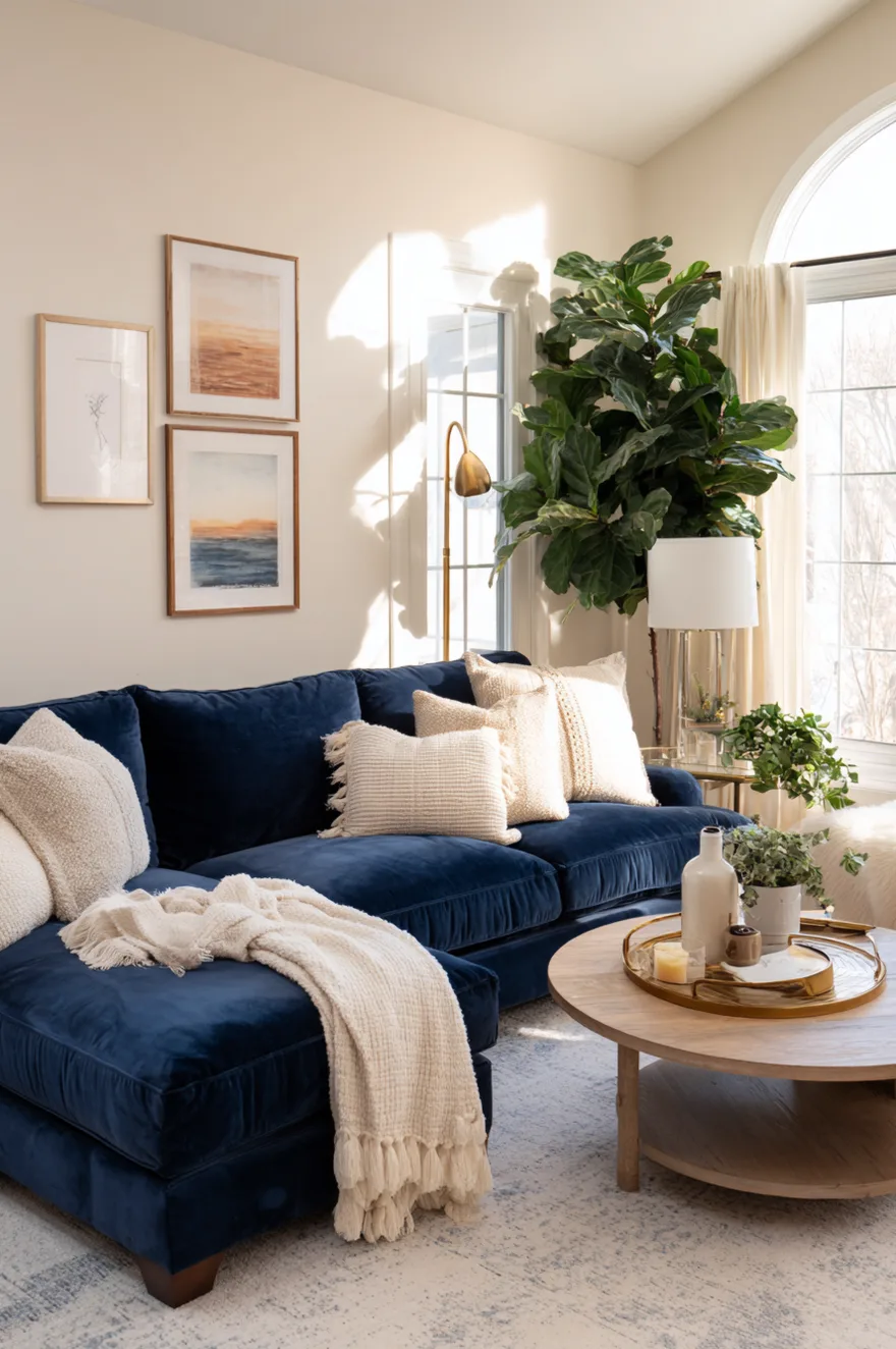 Navy blue velvet sectional sofa decorated with cream fringe pillows and a light blanket, accompanied by a round wood coffee table, a gold floor lamp, and framed coastal artwork.