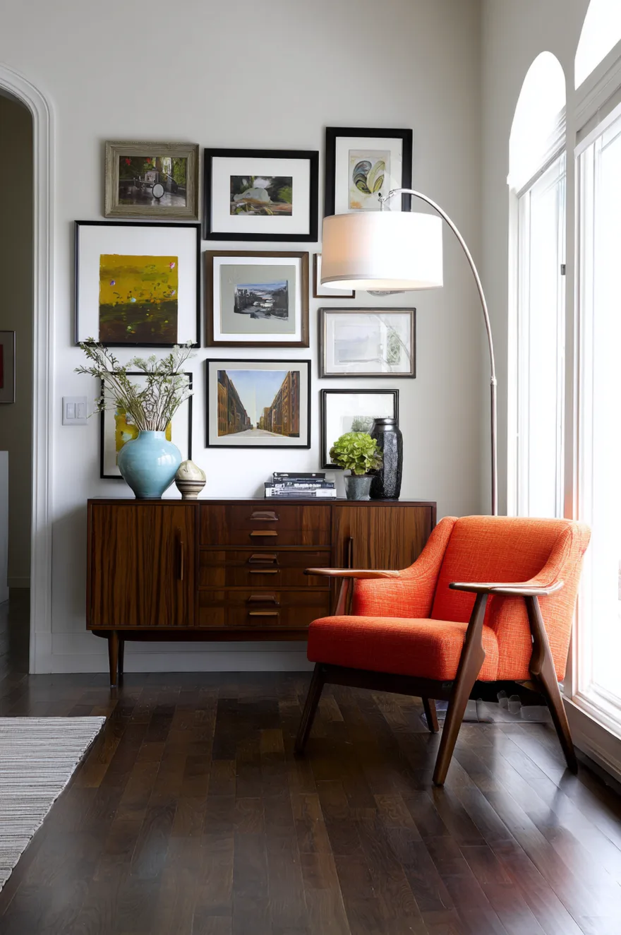 A bright mustard yellow mid-century lounge chair with an organic curved shape and wooden legs, positioned next to a tall green houseplant.