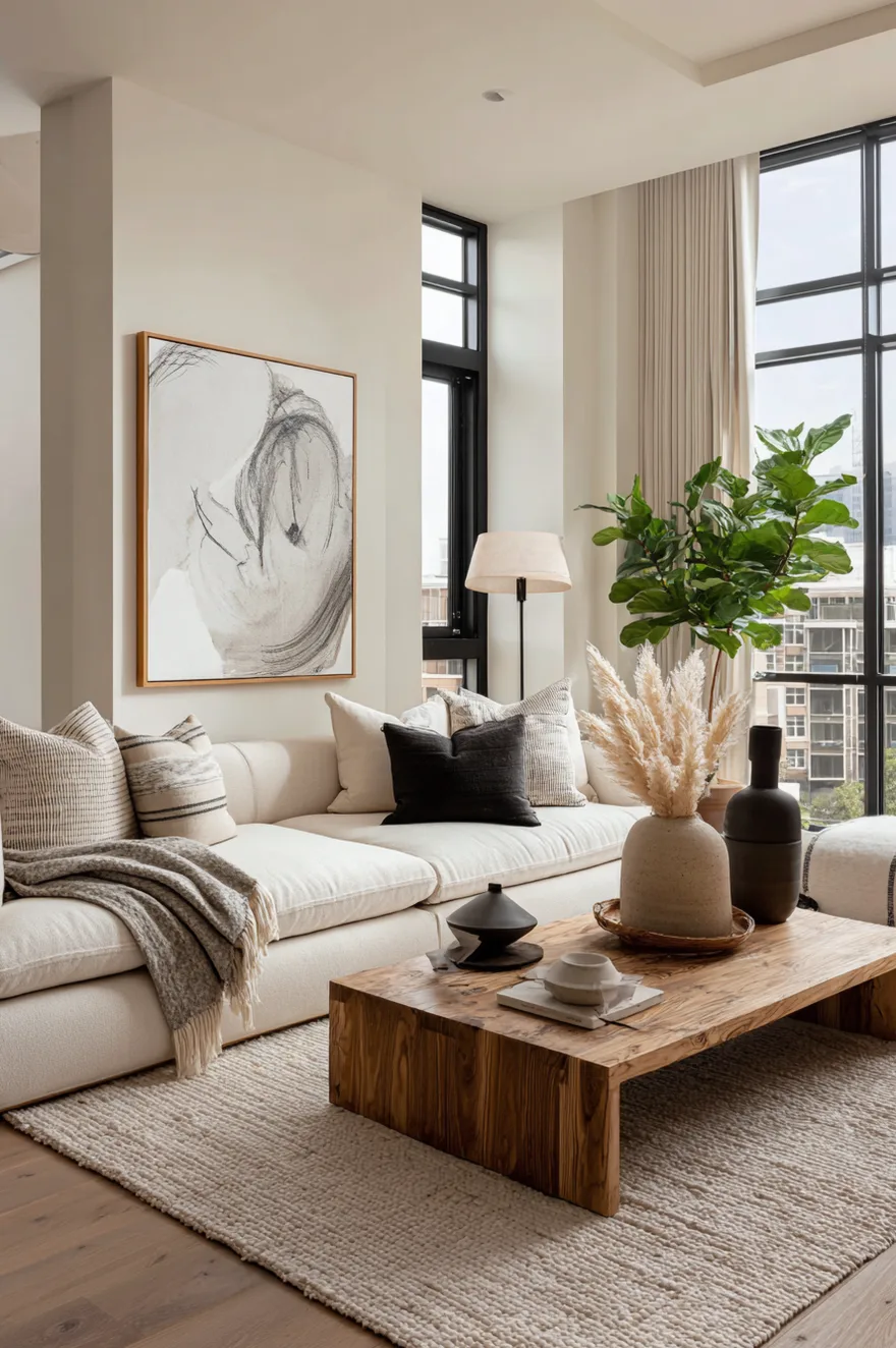 A large framed abstract painting with sweeping black and beige brushstrokes hung above a minimalist cream sofa in a bright Japandi style living room.