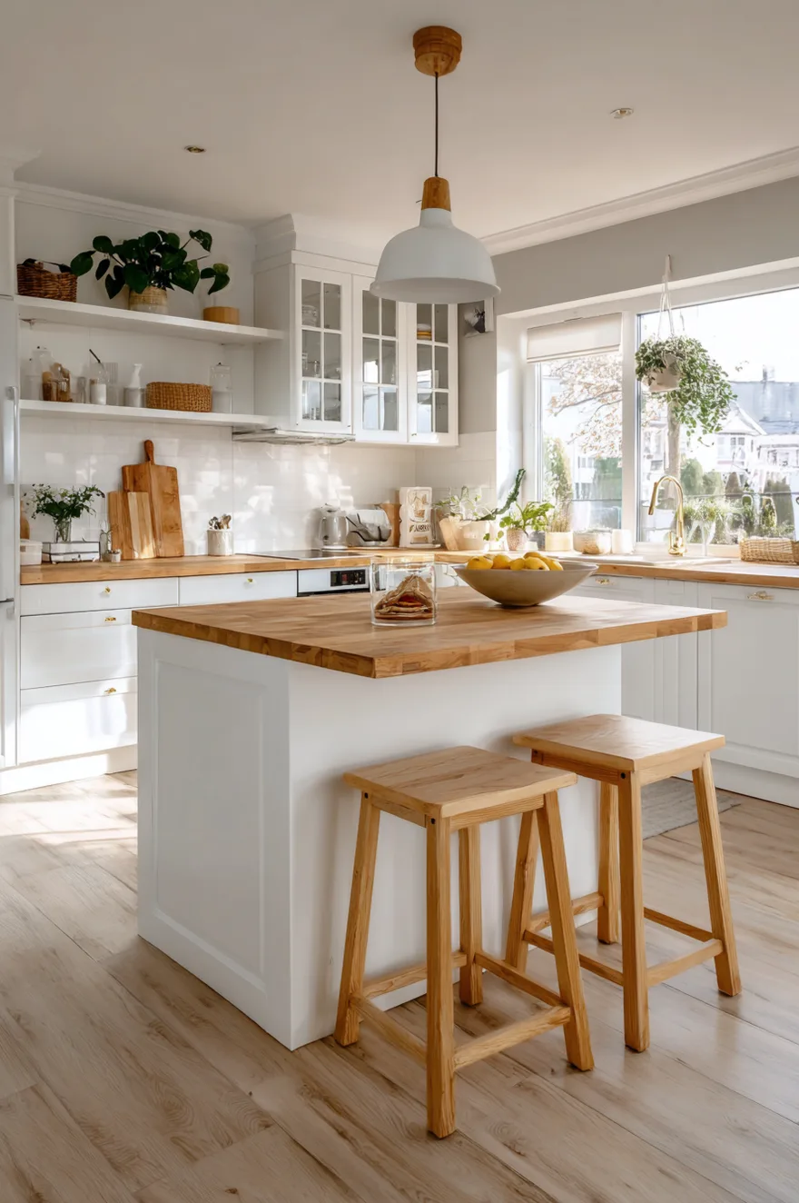 Small white kitchen island with a butcher block top and wooden stools in a sunny kitchen.