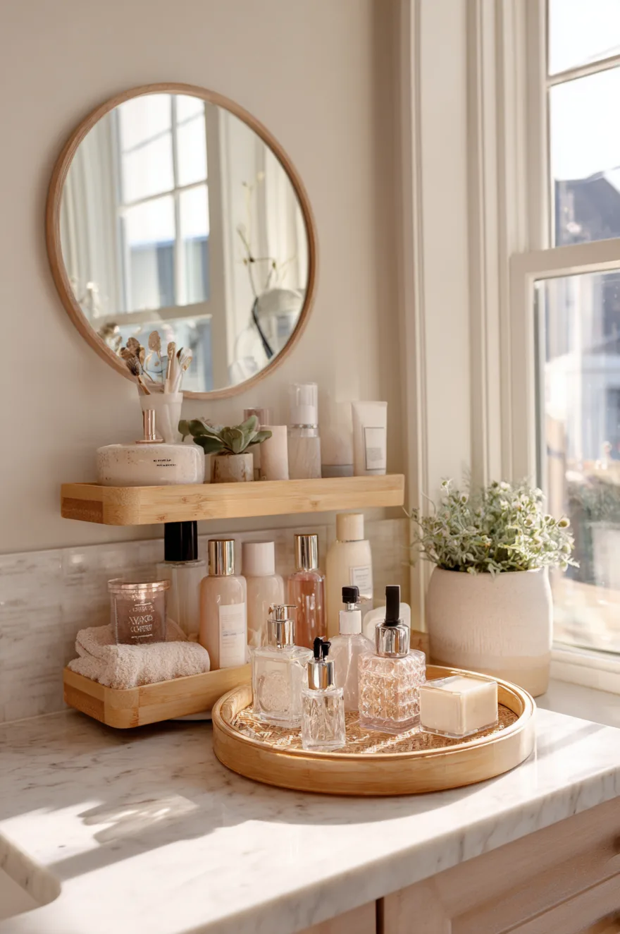 Bamboo tiered shelf organizer on a marble bathroom counter holding skincare bottles and a round tray.
