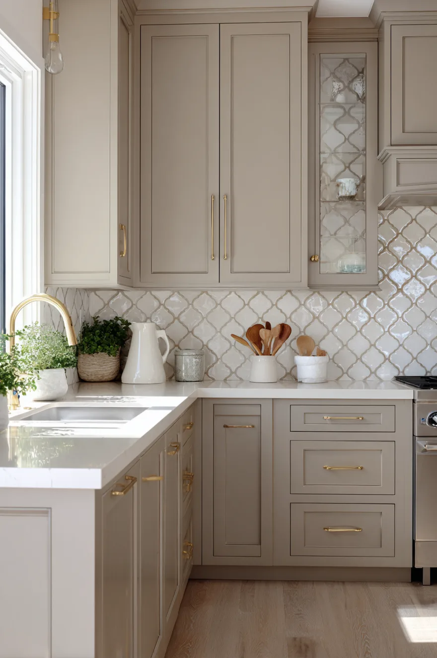 Elegant taupe kitchen cabinets accented by a patterned white arabesque tile backsplash, white marble countertops, and warm brass drawer pulls.
