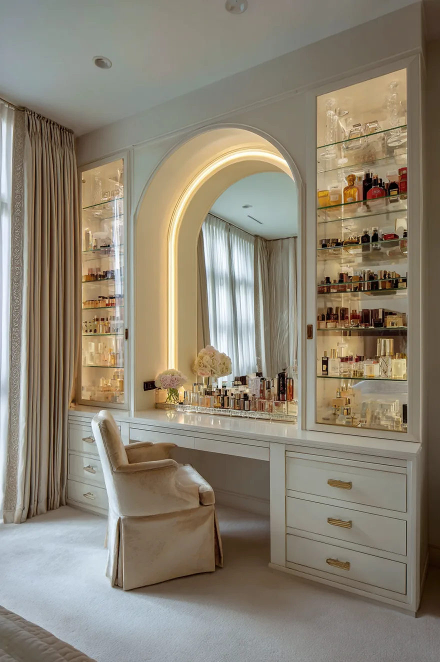Large custom built-in white vanity wall with a central arched lit mirror, a beige skirted chair, and two tall glass-front display cabinets with interior lighting filled with perfume bottles.
