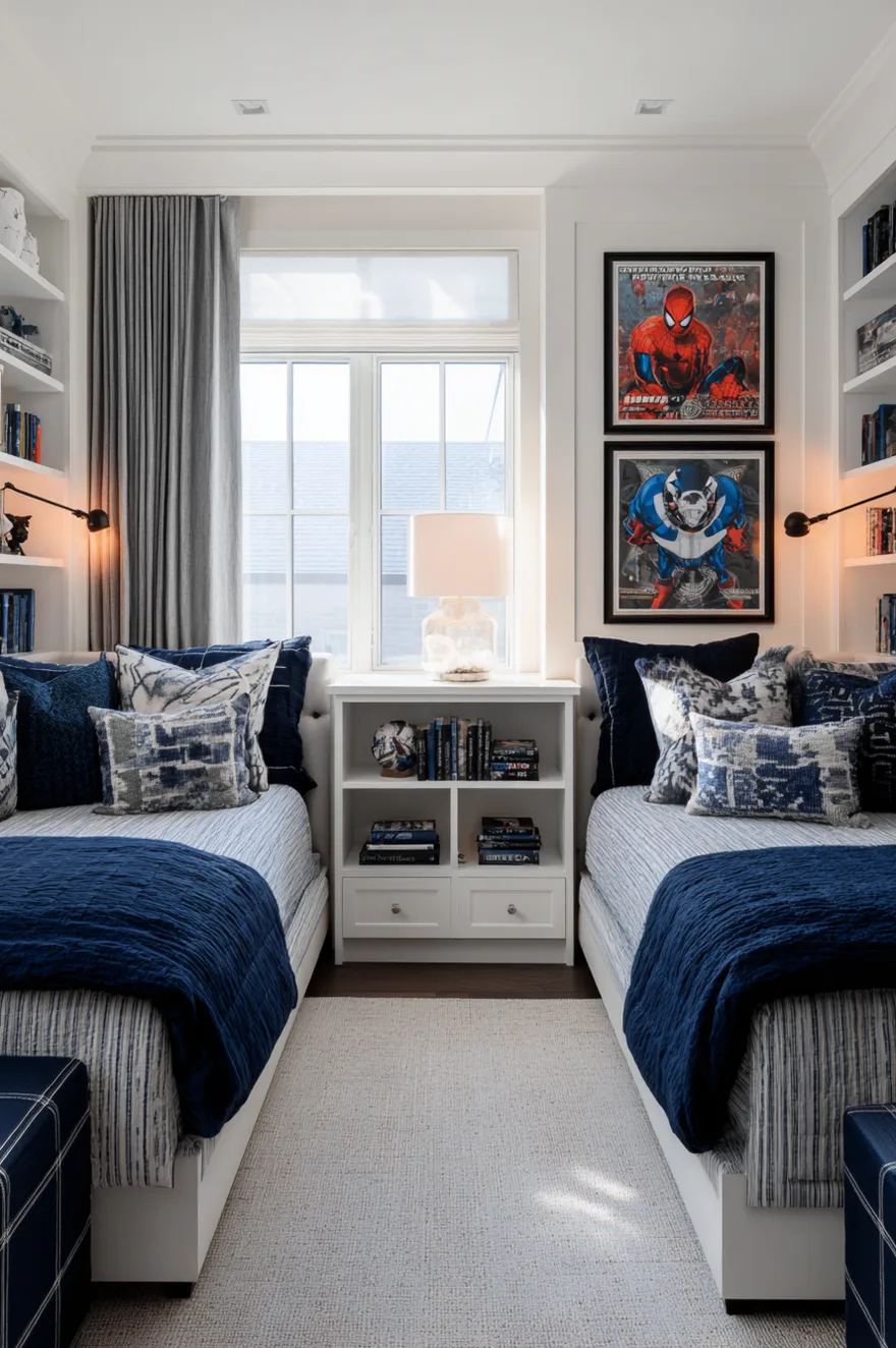 Symmetrical shared boys bedroom with white walls, two twin beds with white tufted headboards and navy blue quilted bedding, separated by a white bookcase nightstand under framed superhero artwork.