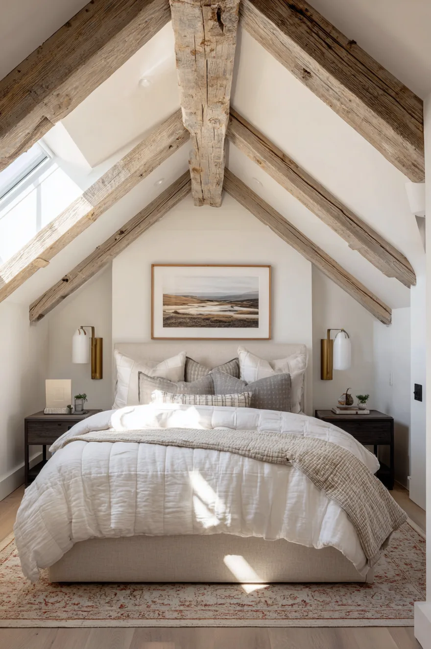 A symmetrical attic bedroom with a prominent white vaulted ceiling and rustic exposed wooden beams, featuring a light neutral bed and matching brass wall sconces.