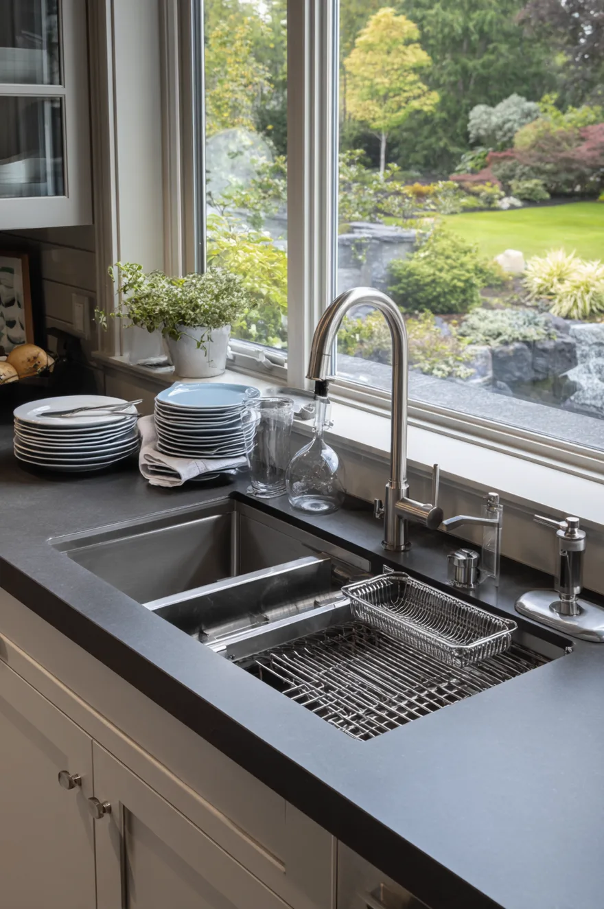 Stainless steel workstation sink with a built-in metal drying rack and a tall stainless faucet, set into dark grey countertops beneath a large window showing a green garden.