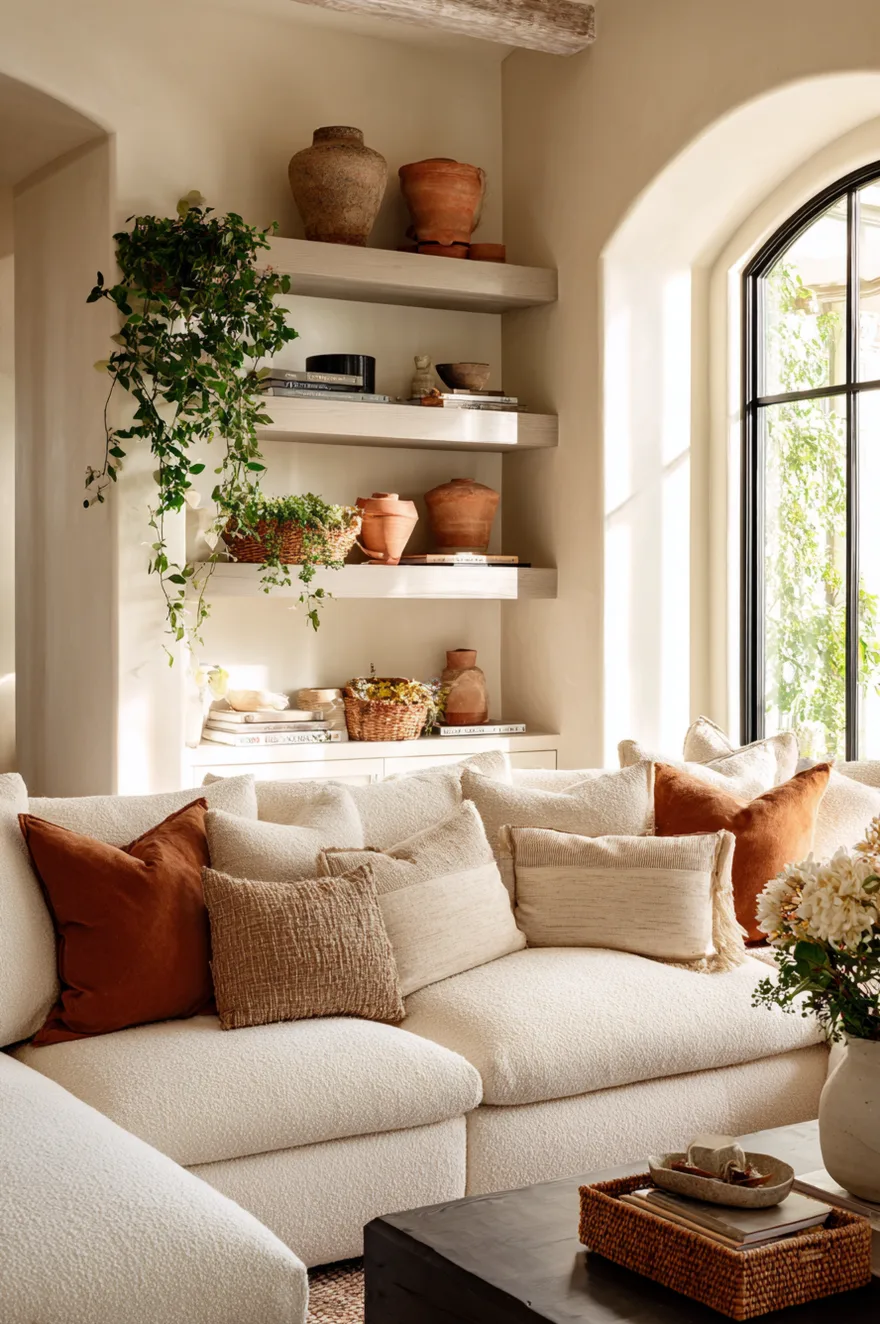 Two wide greige floating shelves mounted above a cream boucle sofa holding terracotta clay pots, a woven rattan basket, and linen-covered books in a warm neutral living room with bright daylight.