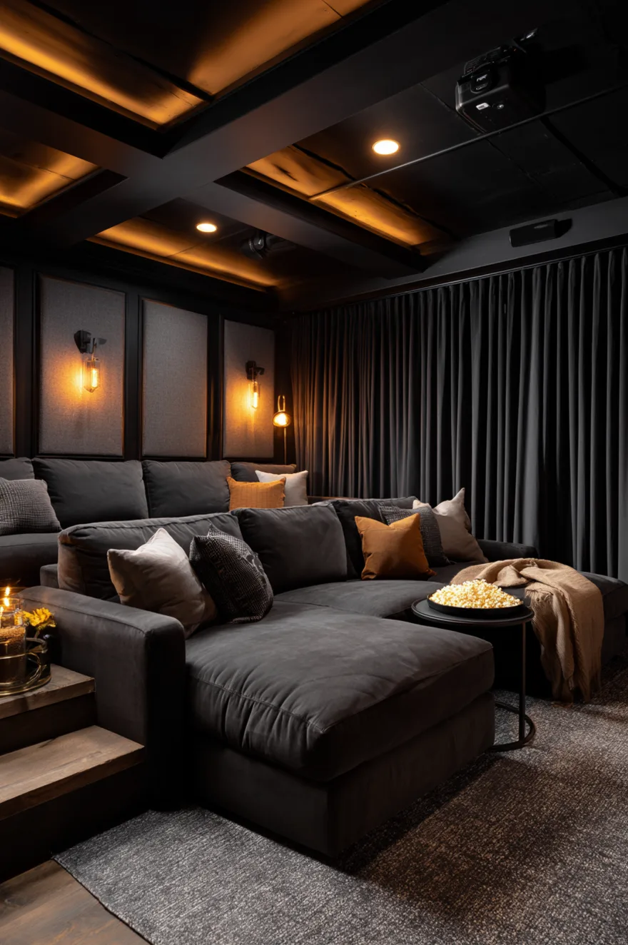 Home theater basement with black painted ceiling and walls, stadium-style loveseat risers, charcoal area rug, fabric-wrapped acoustic panels, and warm LED riser lighting.