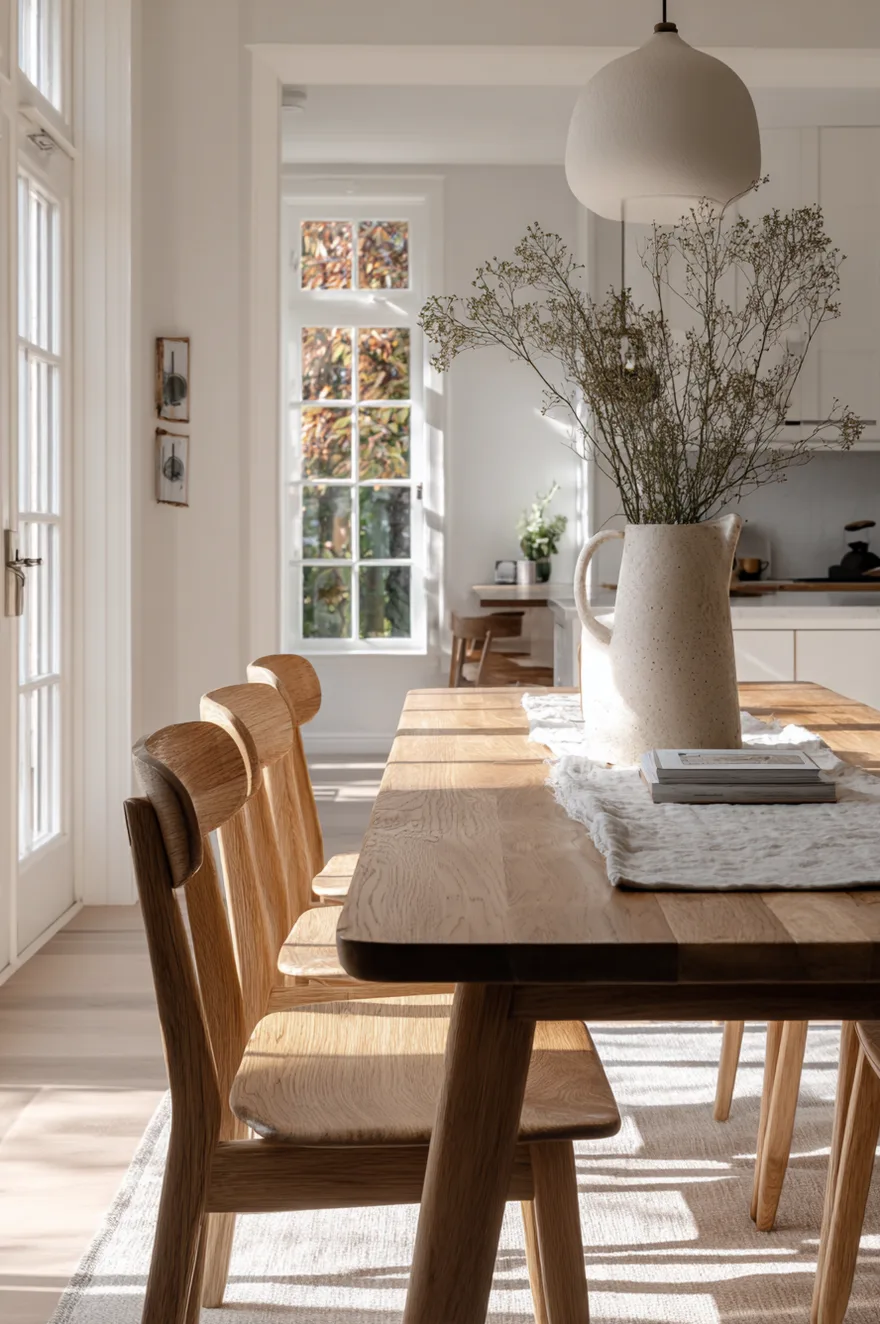 Slim solid oak dining chairs with tapered legs around a butcher block table against soft white plaster walls in a minimalist Scandinavian dining room.