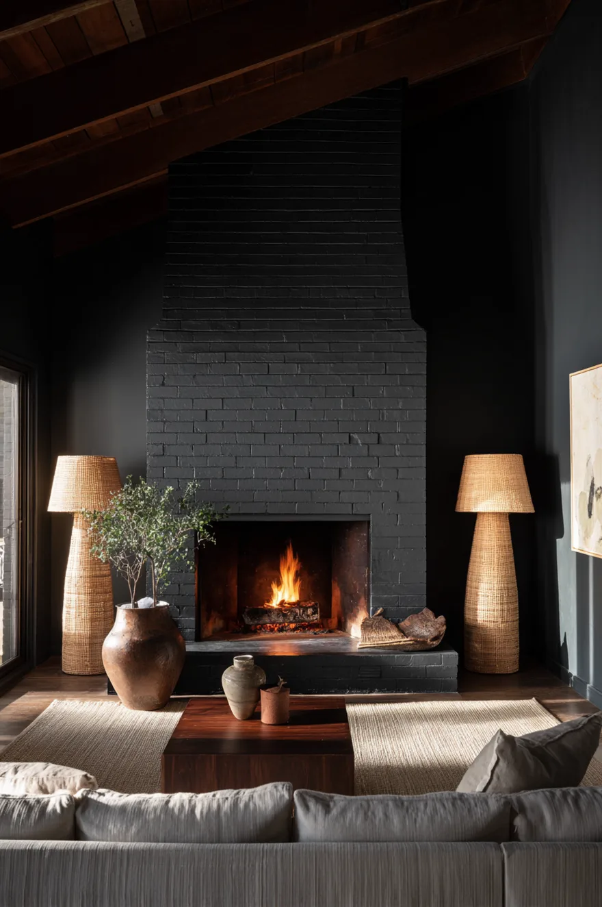 Moody minimalist living room with a warm charcoal painted brick fireplace wall, symmetrical tall rattan floor lamps glowing at golden hour, and a low linen sofa facing the hearth.