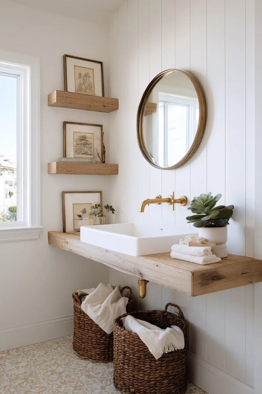 Pickled white oak floating shelf spanning a full wall in a narrow small farmhouse bathroom with woven baskets below, a wall-mount brass faucet, and a simple round mirror above a white wall-mount sink.