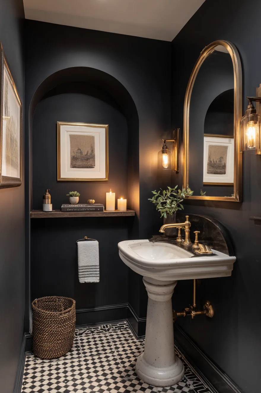 Dark navy powder room with white pedestal sink, unlacquered brass faucet, arched brass mirror, patterned hexagon tile floor, and a warm glowing wall sconce.