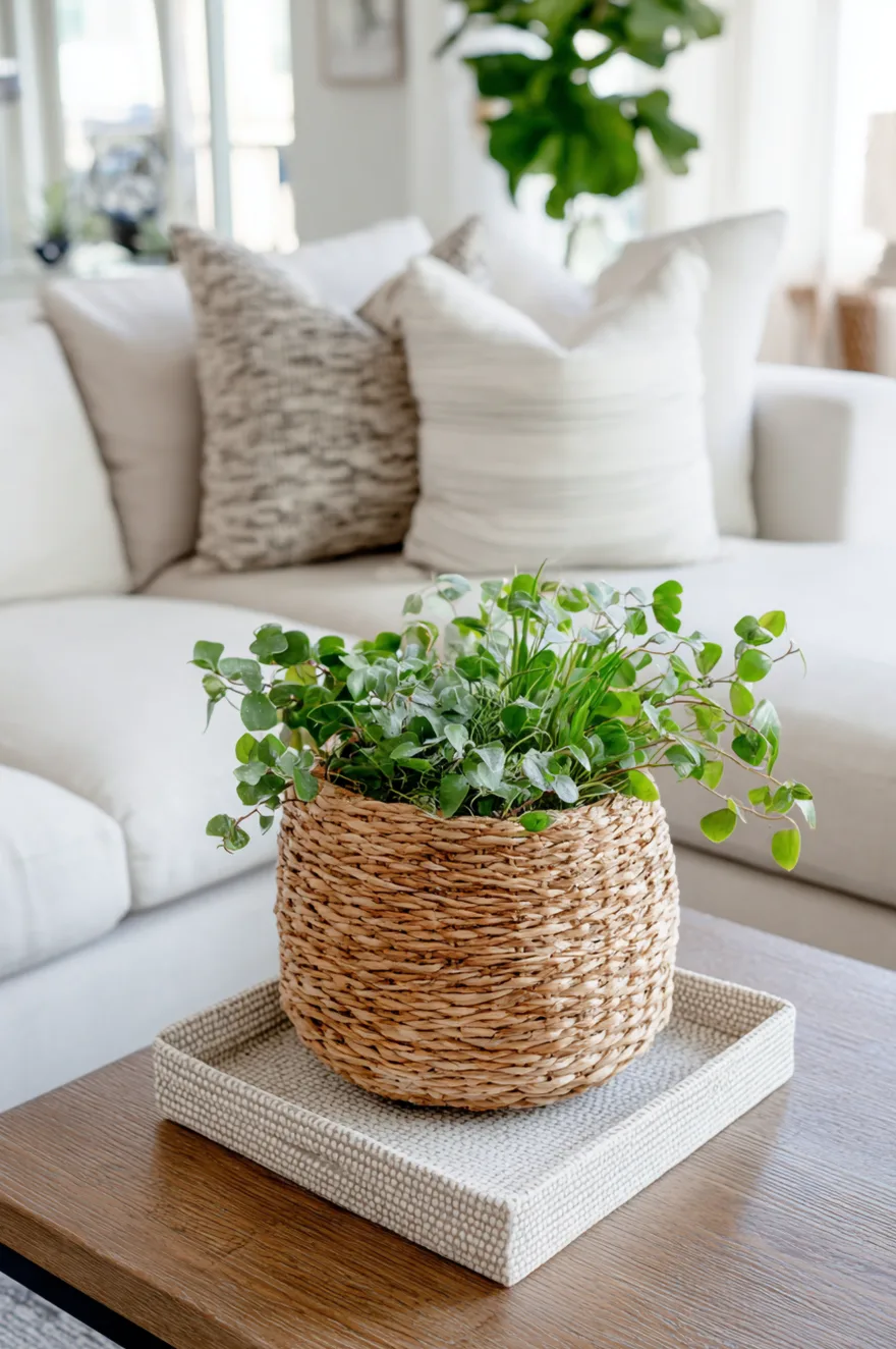 Shallow wicker basket holding potted succulents and trailing ivy on a light wood coffee table.